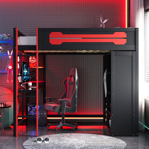 English Elm Full Size Gaming Loft Bed with Rgb Lighting Integrated Desk and Open Wardrobe N820S00073J