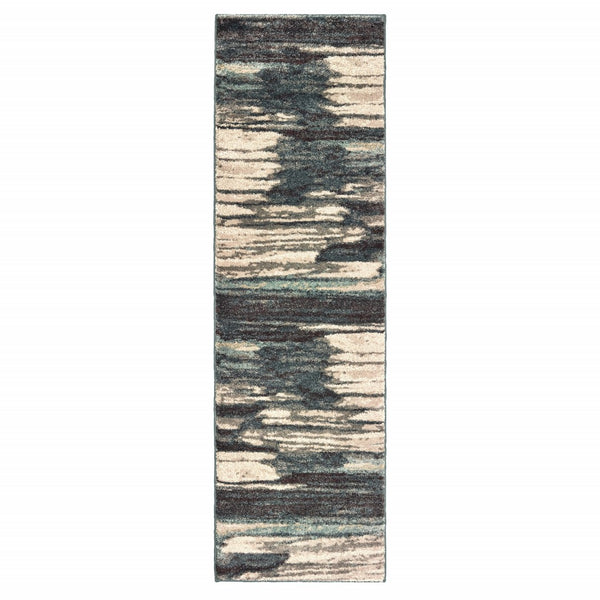 HomeRoots 8' Contemporary Blue and Ivory Abstract Runner Rug for Hallways – Plush, Durable, Easy Care Design 2'3" x 7'6" 384300