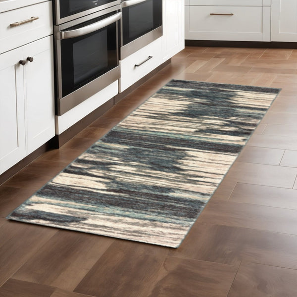 HomeRoots 8' Contemporary Blue and Ivory Abstract Runner Rug for Hallways – Plush, Durable, Easy Care Design 2'3" x 7'6" 384300