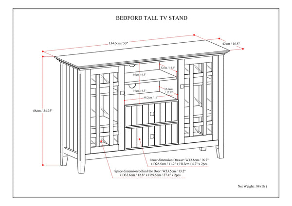 English Elm Bedford Tall TV Media Stand White Pine – Handcrafted, Tempered Glass Doors, Cord Management, Fits 60" TVs B136P261846