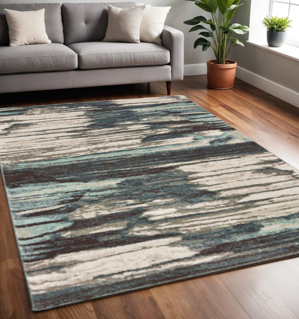 HomeRoots 8' Contemporary Blue and Ivory Abstract Runner Rug for Hallways – Plush, Durable, Easy Care Design 5'3" x 7'3" 384302