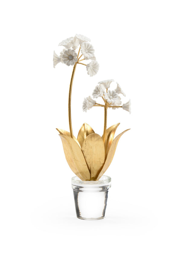Chelsea House Auricula Hand-Formed Porcelain Flowers In Matte White With Antique Gold Stems & Crystal Vase Centerpiece 384321