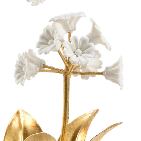 Chelsea House Auricula Hand-Formed Porcelain Flowers In Matte White With Antique Gold Stems & Crystal Vase Centerpiece 384321