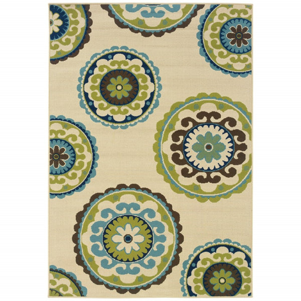HomeRoots 8' Vibrant Floral Medallion Indoor Outdoor Area Rug - Durable, Stylish, and Easy to Clean for Any Space Ivory/ Green 8'6" x 13' 384329