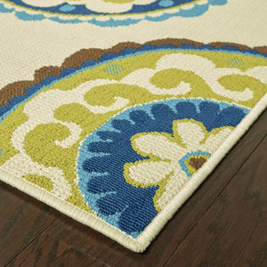 HomeRoots 8' Vibrant Floral Medallion Indoor Outdoor Area Rug - Durable, Stylish, and Easy to Clean for Any Space Ivory/ Green 8'6" x 13' 384329