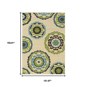 HomeRoots 8' Vibrant Floral Medallion Indoor Outdoor Area Rug - Durable, Stylish, and Easy to Clean for Any Space Ivory/ Green 8'6" x 13' 384329