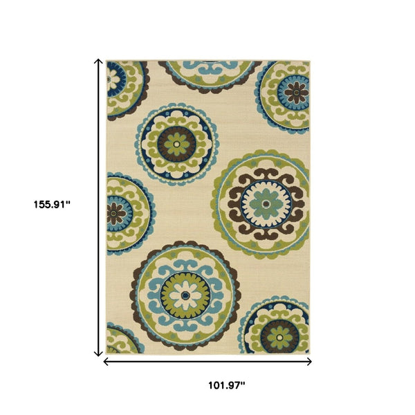 HomeRoots 8' Vibrant Floral Medallion Indoor Outdoor Area Rug - Durable, Stylish, and Easy to Clean for Any Space Ivory/ Green 8'6" x 13' 384329