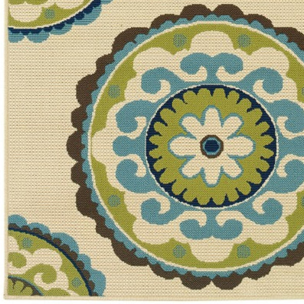 HomeRoots 8' Vibrant Floral Medallion Indoor Outdoor Area Rug - Durable, Stylish, and Easy to Clean for Any Space Ivory/ Green 8'6" x 13' 384329