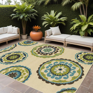 HomeRoots 8' Vibrant Floral Medallion Indoor Outdoor Area Rug - Durable, Stylish, and Easy to Clean for Any Space Ivory/ Green 8'6" x 13' 384329