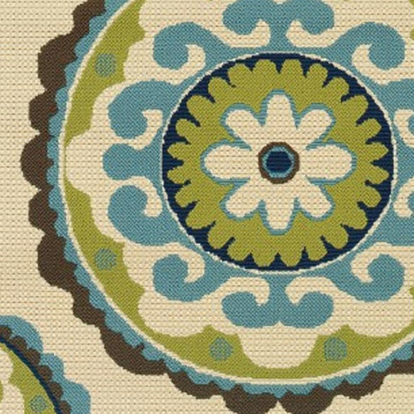 HomeRoots 8' Vibrant Floral Medallion Indoor Outdoor Area Rug - Durable, Stylish, and Easy to Clean for Any Space Ivory/ Green 8'6" x 13' 384329