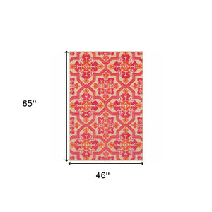 Homeroots 4' X 5' Pink And Orange Medallion Indoor Outdoor Area Rug Sand,Pink Polypropylene 384331