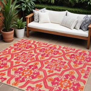 HomeRoots 5' Moroccan Indoor Outdoor Area Rug in Vibrant Pink and Orange – Perfect for High-Traffic Spaces Sand/ Pink 6'7" x 9'6" 384333