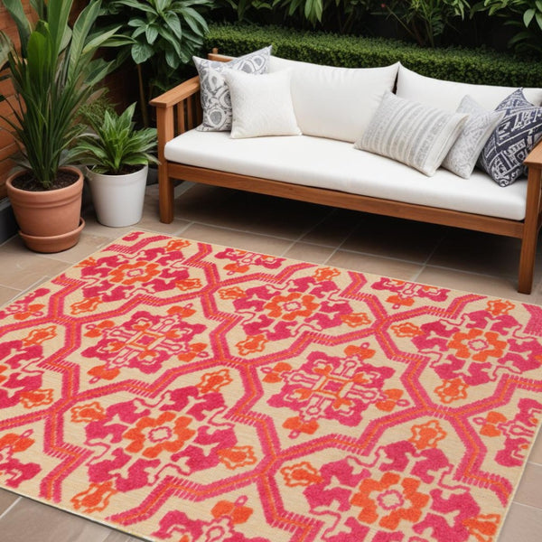 HomeRoots 5' Moroccan Indoor Outdoor Area Rug in Vibrant Pink and Orange – Perfect for High-Traffic Spaces Sand/ Pink 6'7" x 9'6" 384333