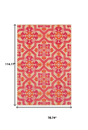 HomeRoots 5' Moroccan Indoor Outdoor Area Rug in Vibrant Pink and Orange – Perfect for High-Traffic Spaces Sand/ Pink 6'7" x 9'6" 384333