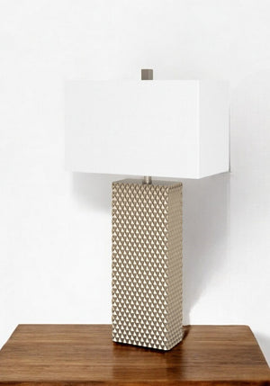 HomeRoots Set of Two 29" Gold Waffle Table Lamps with White Linen Shade for Modern Home Décor Style 384398