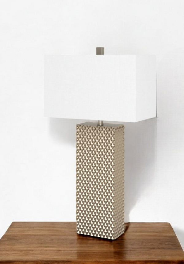 HomeRoots Set of Two 29" Gold Waffle Table Lamps with White Linen Shade for Modern Home Décor Style 384398