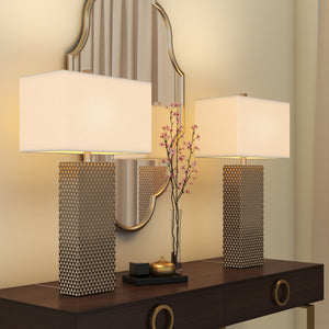 Homeroots Set Of Two 29" Gold Waffle Table Lamps With White Shade   384398