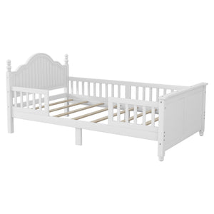 English Elm Twin Solid Wood Platform Bed with Guardrail for Kids, Low-Profile Sturdy Pine Frame, Safe Sleep Solution White 45.75 L x 26 W x 6.5 H W2593P339596