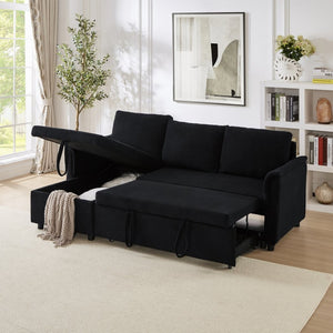 English Elm Loveseat Sectional Sleeper Sofa with Corduroy Tufted Upholstery Storage Chaise Reclining Black W2186S00011