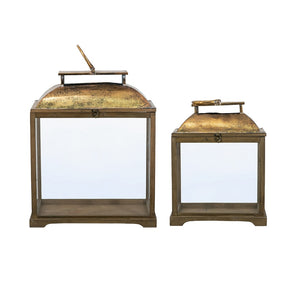 English Elm S/2 Distressed Fir Wood Candle Lanterns with Glass Sides and Gold Dome Tops W2078P423052