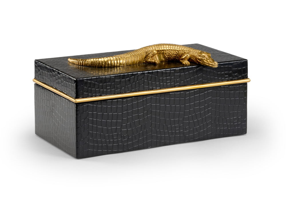 Chelsea House Alligator Decorative Wooden Box In Black Leatherette With Antique Gold Accent & Velvet Lined Interior 384461
