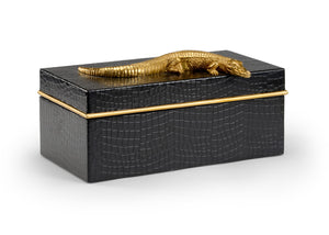 Chelsea House Alligator Decorative Wooden Box In Black Leatherette With Antique Gold Accent & Velvet Lined Interior 384461