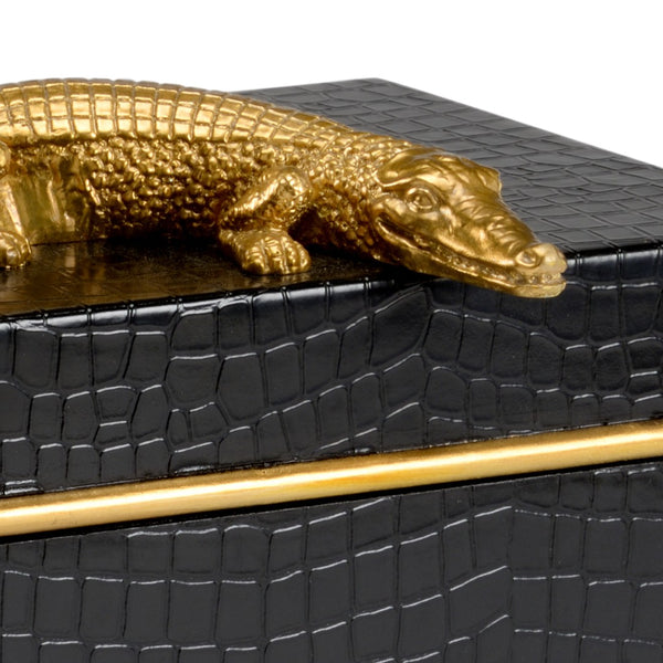 Chelsea House Alligator Decorative Wooden Box In Black Leatherette With Antique Gold Accent & Velvet Lined Interior 384461