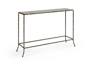 Chelsea House Saigon Bamboo-Style Console By Jamie Merida – Espresso & Gold Metal Base With Antique Beveled Mirror Top, Sculptural Entryway Accent 384473