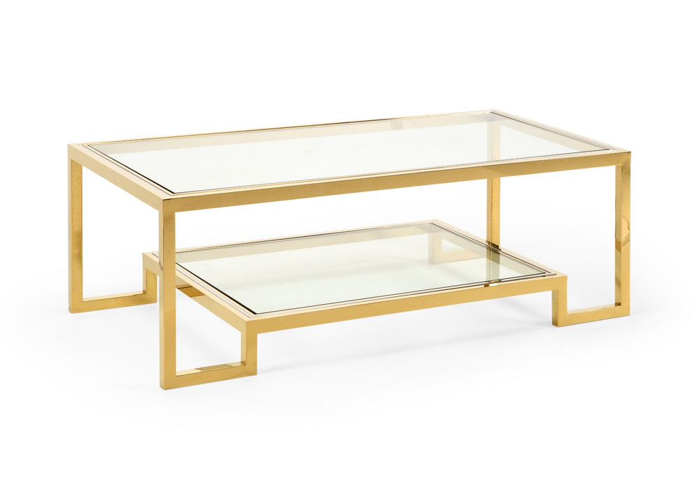 Chelsea House Dasher Transitional Cocktail Table With Antique Brass & Polished Nickel, 2 Tempered Glass Shelves For Stylish Storage 384479