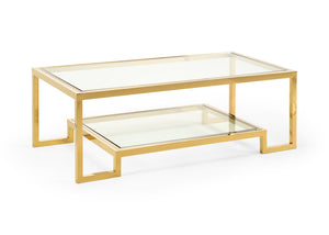 Chelsea House Dasher Transitional Cocktail Table With Antique Brass & Polished Nickel, 2 Tempered Glass Shelves For Stylish Storage 384479