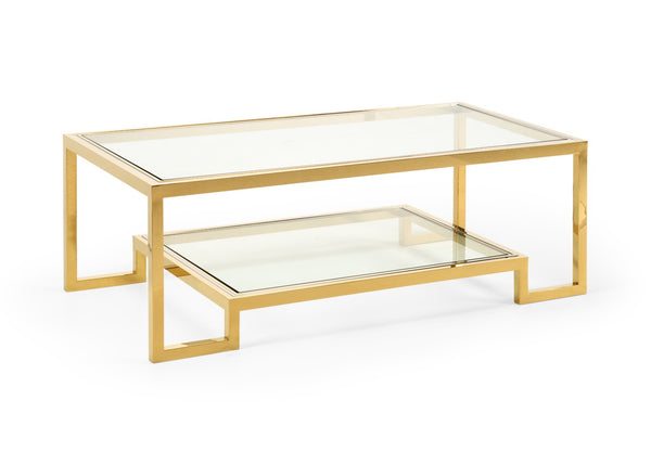 Chelsea House Dasher Transitional Cocktail Table With Antique Brass & Polished Nickel, 2 Tempered Glass Shelves For Stylish Storage 384479