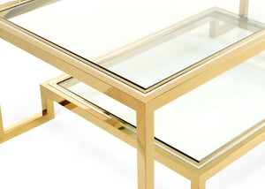 Chelsea House Dasher Transitional Cocktail Table With Antique Brass & Polished Nickel, 2 Tempered Glass Shelves For Stylish Storage 384479