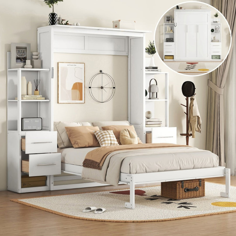 English Elm Full Size Murphy Wall Bed with Led Lighting Shelves Drawers and Fold Down Storage LP100565AAK