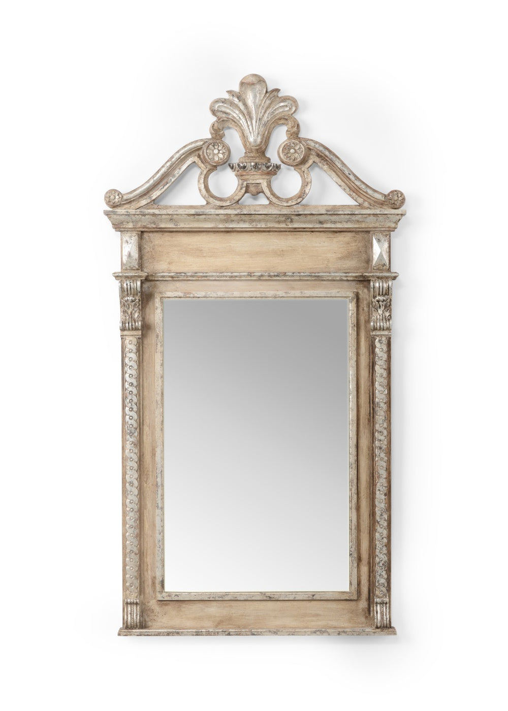 Chelsea House Grand Old World Silver Framed Mirror With Prince Of Wales Pediment, Antique Glass, 60" H X 32" W 384497