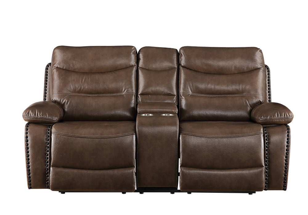 English Elm Aashi Brown Leather-GEL Match Recliner Loveseat with Console, Cup Holders, Tufted Plush Arms B2726P253073