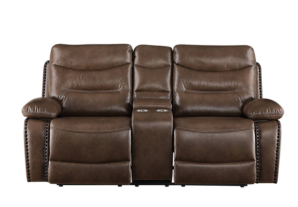 English Elm Aashi Brown Leather-GEL Match Recliner Loveseat with Console, Cup Holders, Tufted Plush Arms B2726P253073