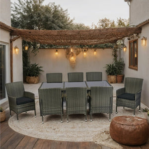 English Elm 9 Piece Outdoor Wicker Dining Set - Grey PE Rattan, Tempered Glass Table, Black Cushions, Rust‑Free Frame W329S00052