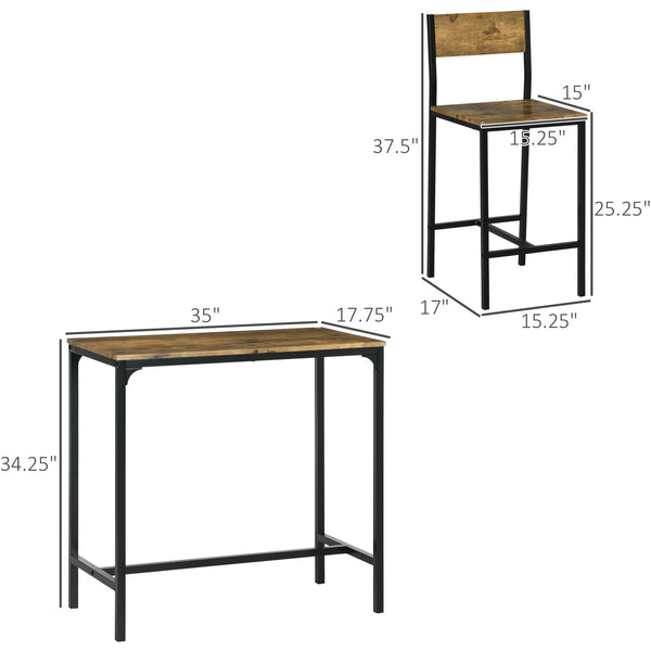 English Elm Homcom 3 Piece Industrial Bar Table Set For 2 - Rustic Brown Counter Height Dining With Stools W2225P217134