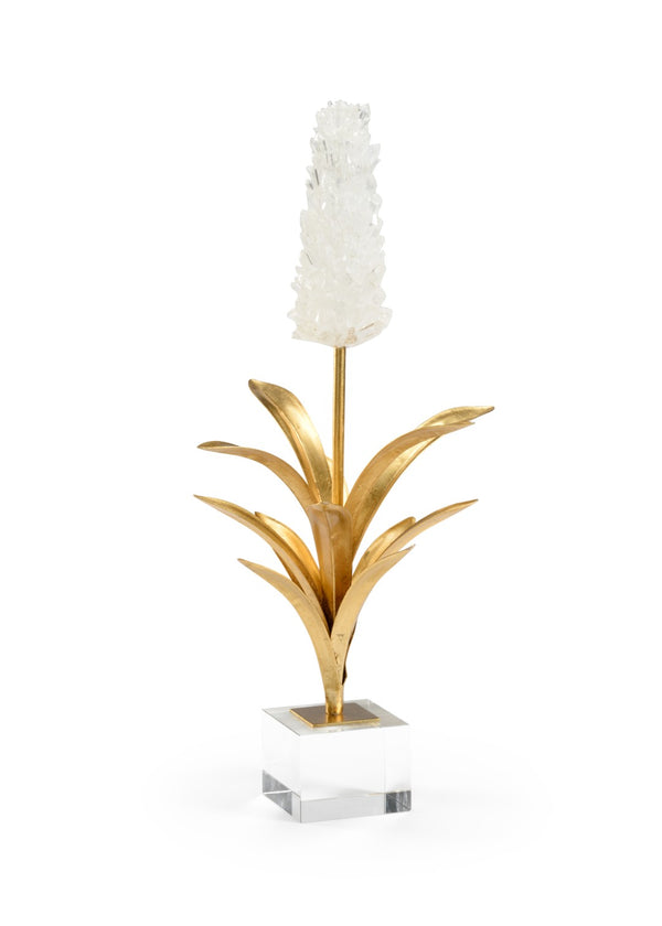 Chelsea House White Hyacinth Rock Crystal Sculpture On Metal Stem With Antique Gold Leaf Base — 23.5" Luxe Accent 384546