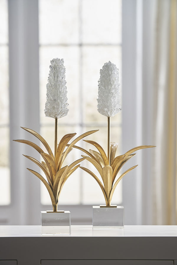 Chelsea House White Hyacinth Rock Crystal Sculpture On Metal Stem With Antique Gold Leaf Base — 23.5" Luxe Accent 384546
