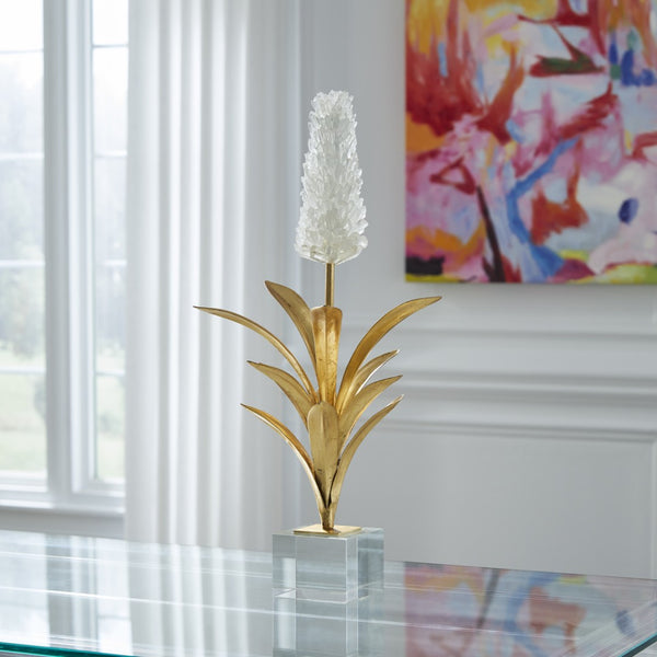 Chelsea House White Hyacinth Rock Crystal Sculpture On Metal Stem With Antique Gold Leaf Base — 23.5" Luxe Accent 384546