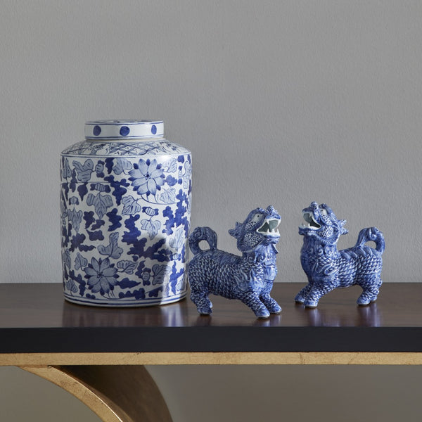 Chelsea House Blue Hand-Painted Foo Dogs Pair — Ceramic Blue & White Glaze, Detailed Mantel Accents For Gifting 384549