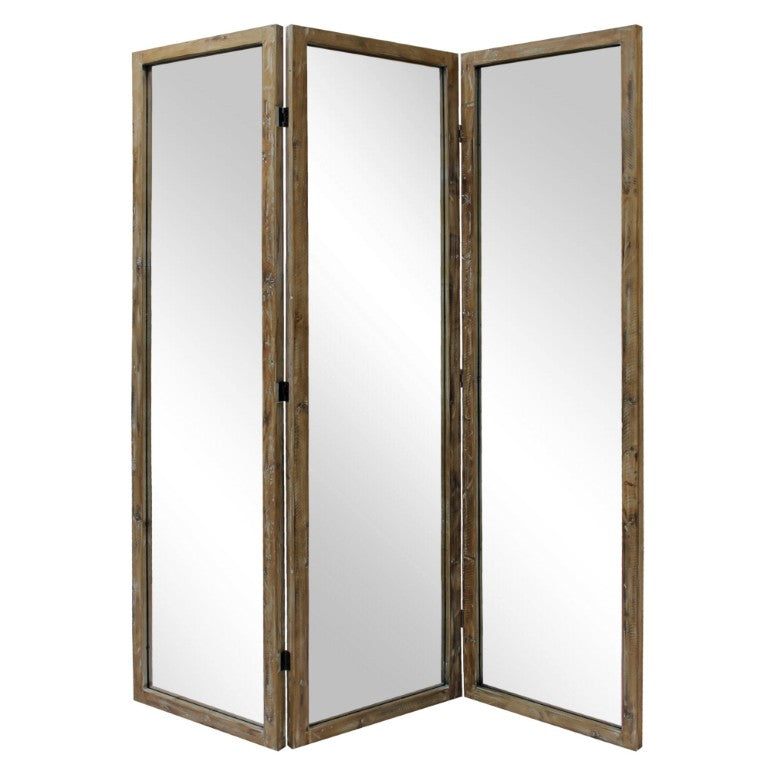 HomeRoots Three Panel Solid Wood Folding Screen Boho Geometric Pattern Room Divider 384578
