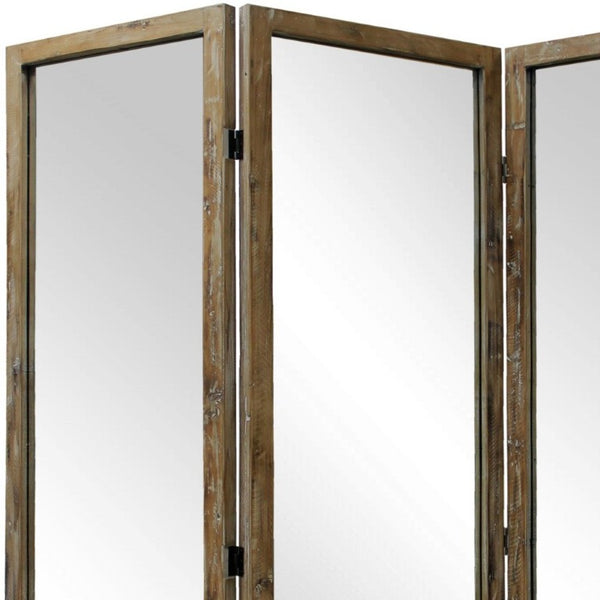 Three Panel Solid Wood Folding Screen Boho Geometric Pattern Room Divider