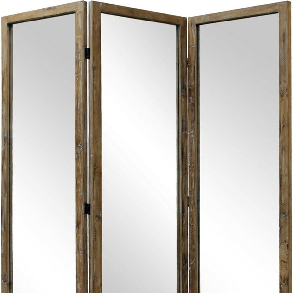 Three Panel Solid Wood Folding Screen Boho Geometric Pattern Room Divider
