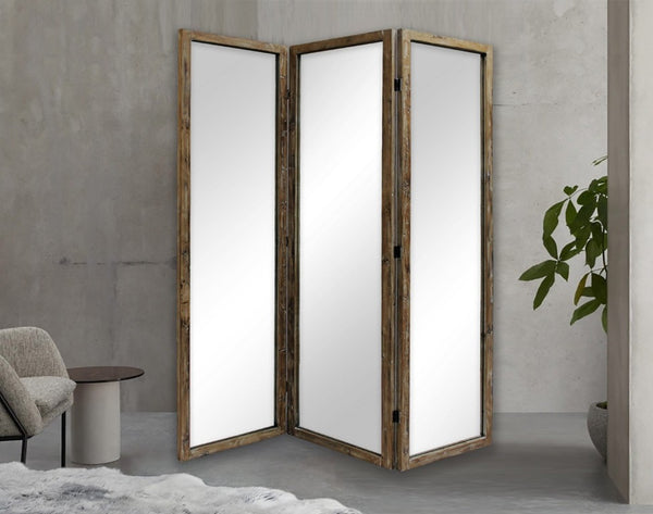 Three Panel Solid Wood Folding Screen Boho Geometric Pattern Room Divider