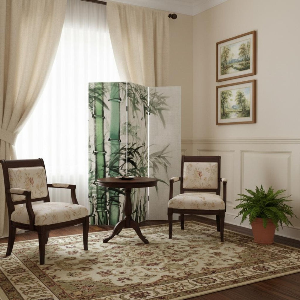 HomeRoots Three Panel Reversible Bamboo Art Room Divider - Stylish, Lightweight & Versatile Privacy Screen 384580