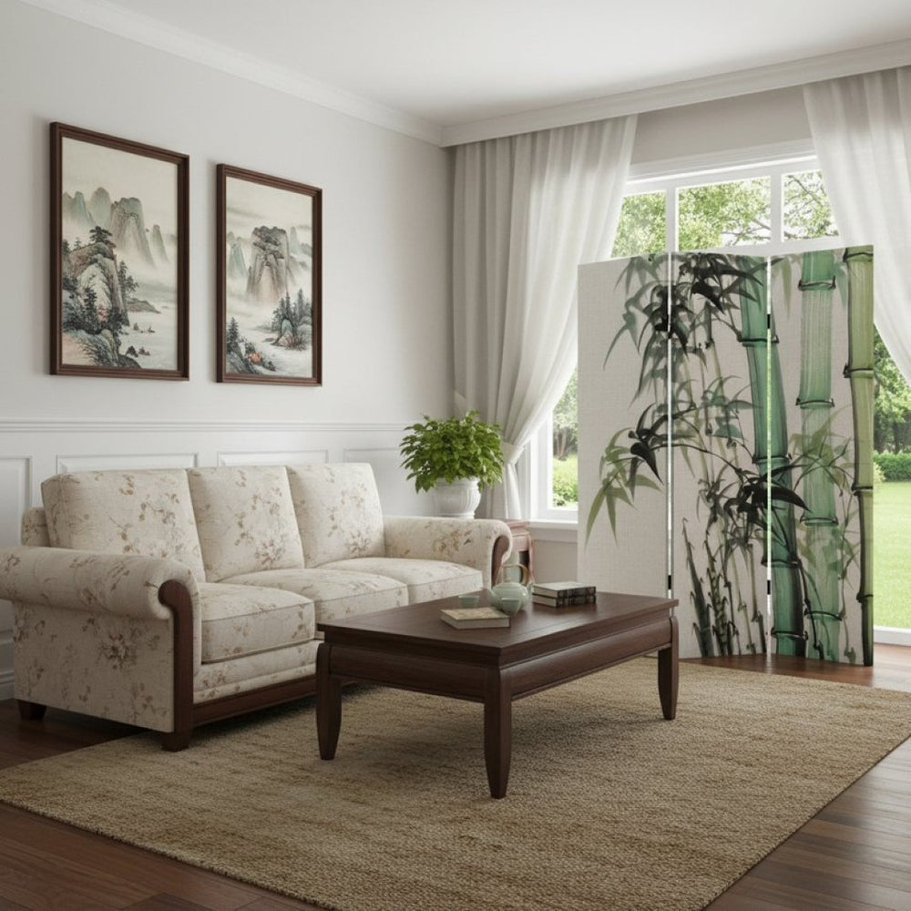 HomeRoots Three Panel Reversible Bamboo Art Room Divider - Stylish, Lightweight & Versatile Privacy Screen 384580