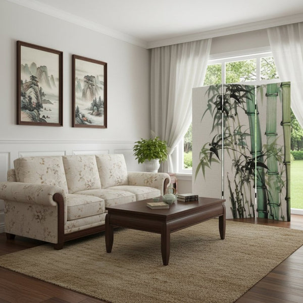 HomeRoots Three Panel Reversible Bamboo Art Room Divider - Stylish, Lightweight & Versatile Privacy Screen 384580