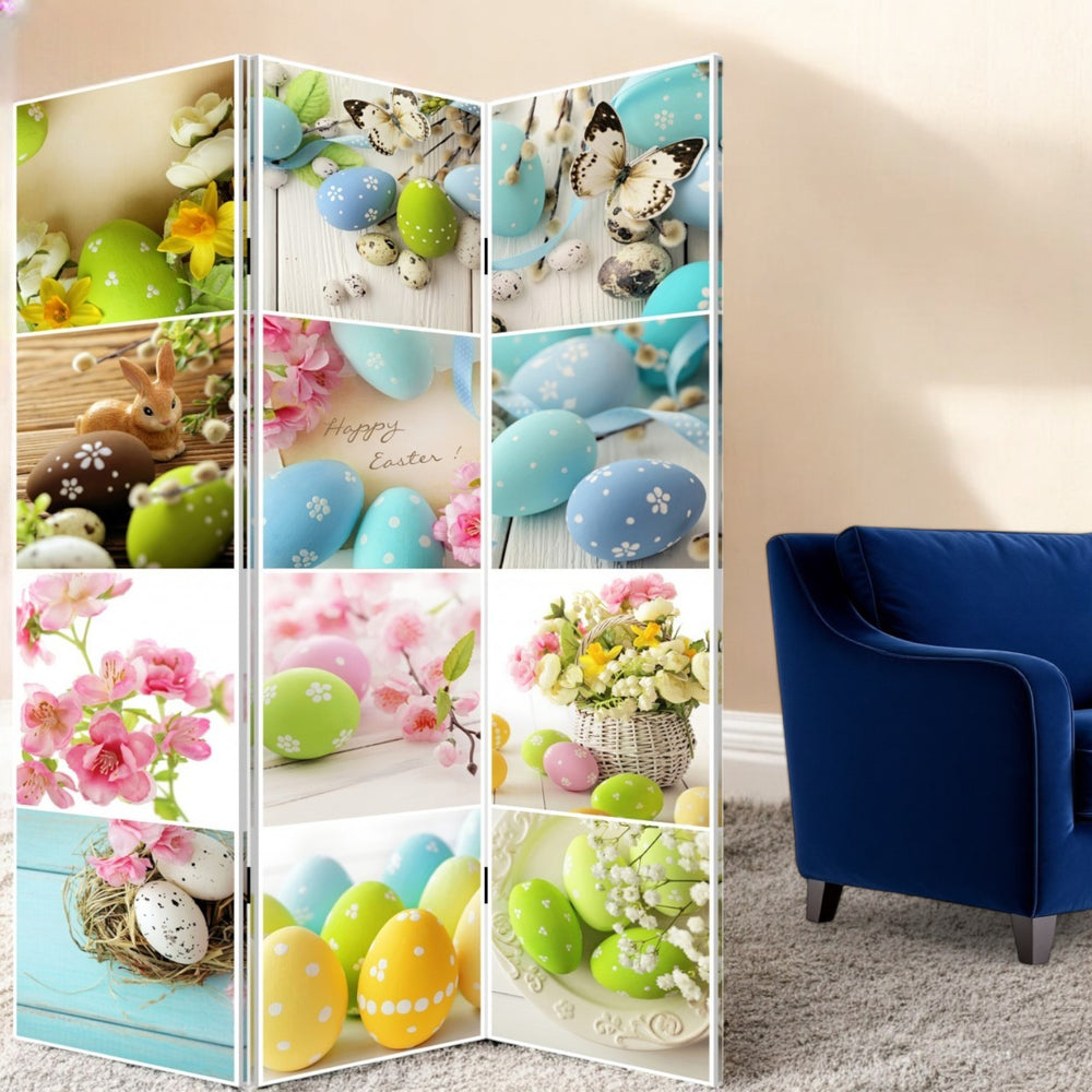 Homeroots 72" Yellow And White Canvas Folding Three Panel Screen Room Divider  Cotton Canvas 384582